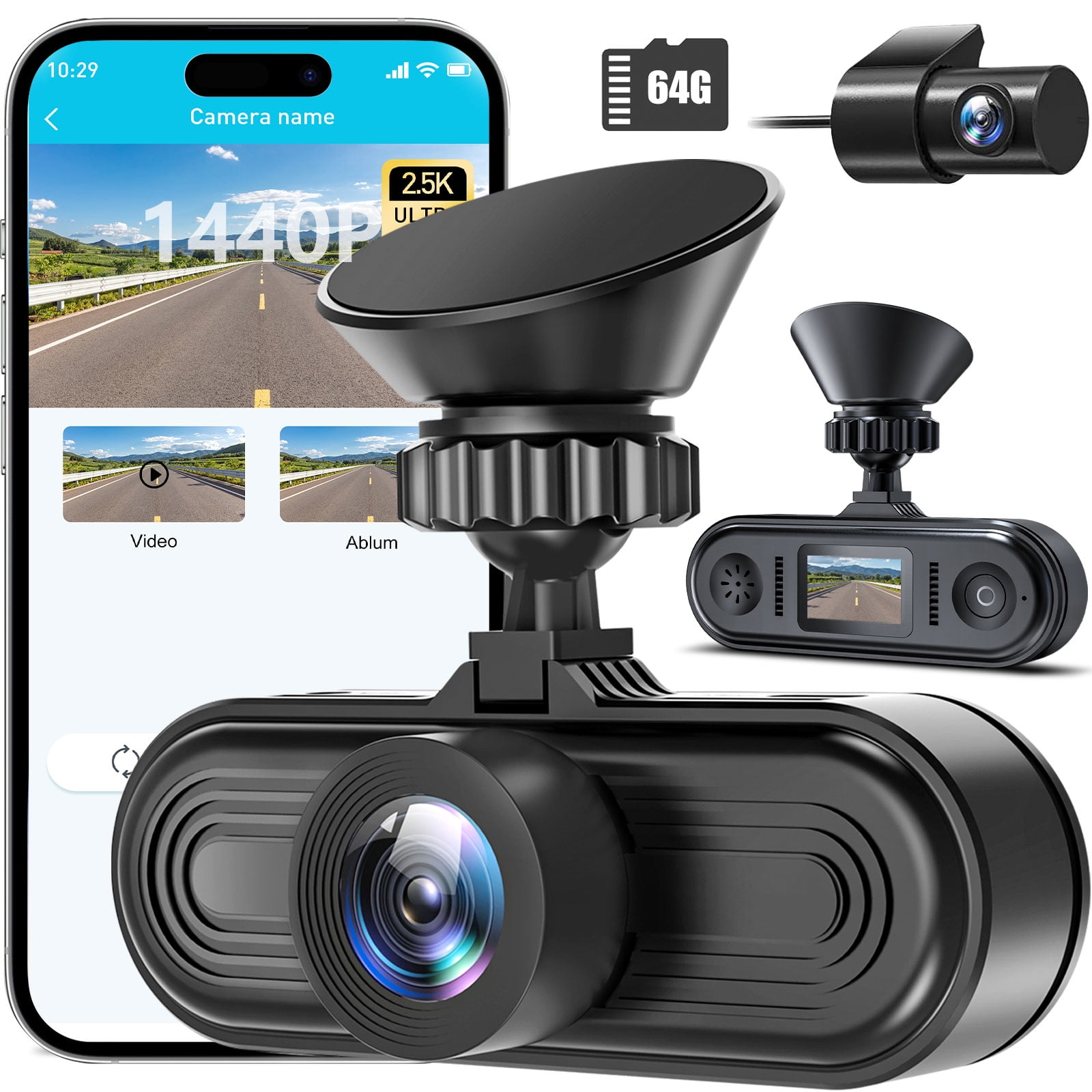 Dash Cam Front and Rear, 2.5K+1080P UHD Dash Camera for Cars, Dashcam Built-in WiFi & App Control, Free 64GB Card,1.09” IPS Display Mini Dashcam,170°Wide Angle,G-Sensor