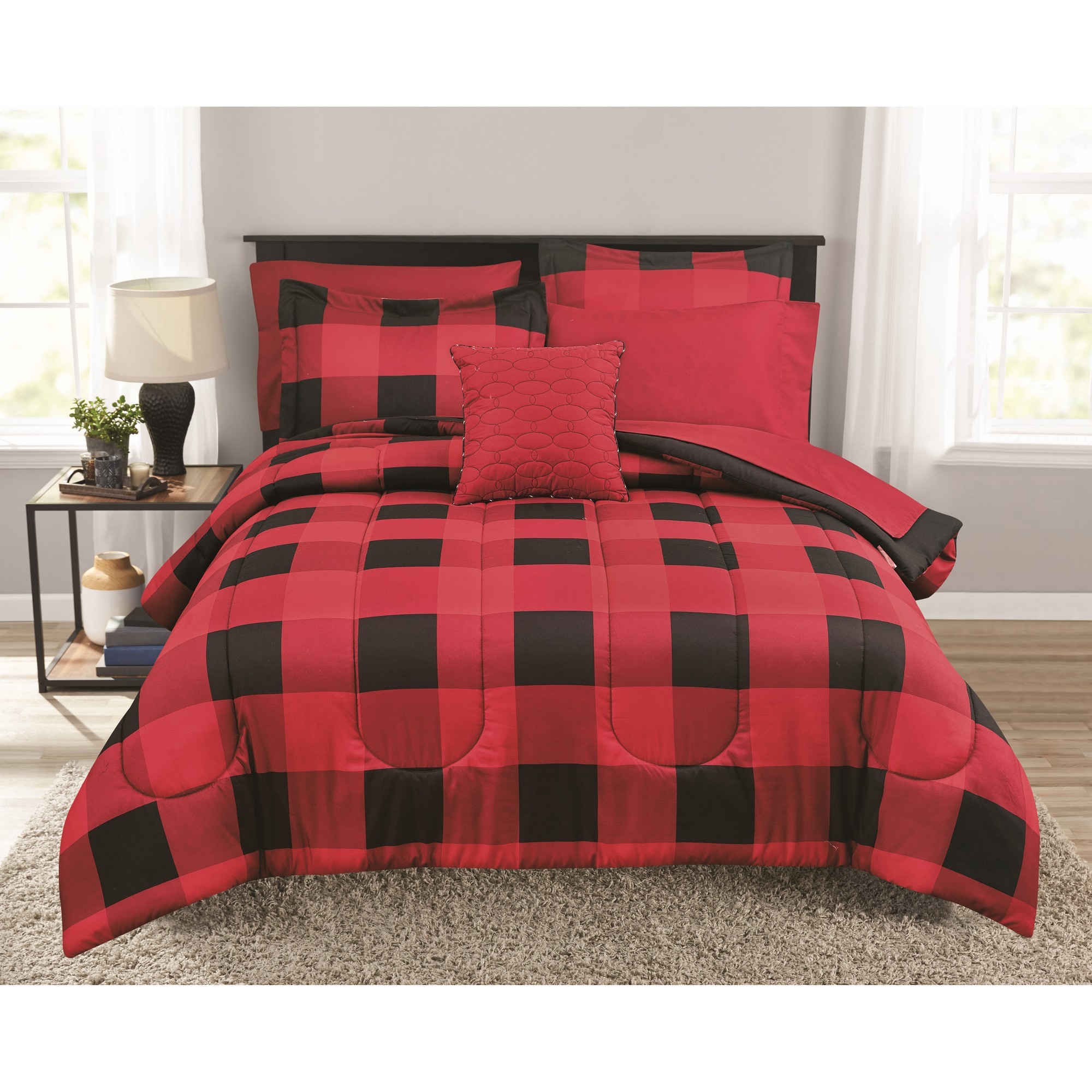Mainstays Buffalo Plaid Reversible Microfiber Black/Red 8-Piece Bed In A  Bag Bedding Set, Full - Walmart.com