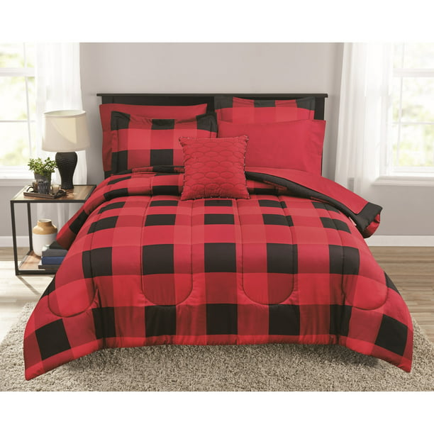 Red 8 Piece Bed In A Bag Bedding Set, Red Black Buffalo Plaid Bedding Set
