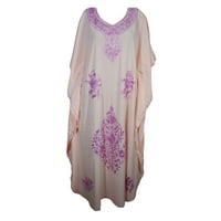 Mogul Bohemian Womens Maxi Caftan Dress Pink Floral Hand Embroidered Kimono Sleeves Resort Wear Summer Style Long Kaftan 3XL