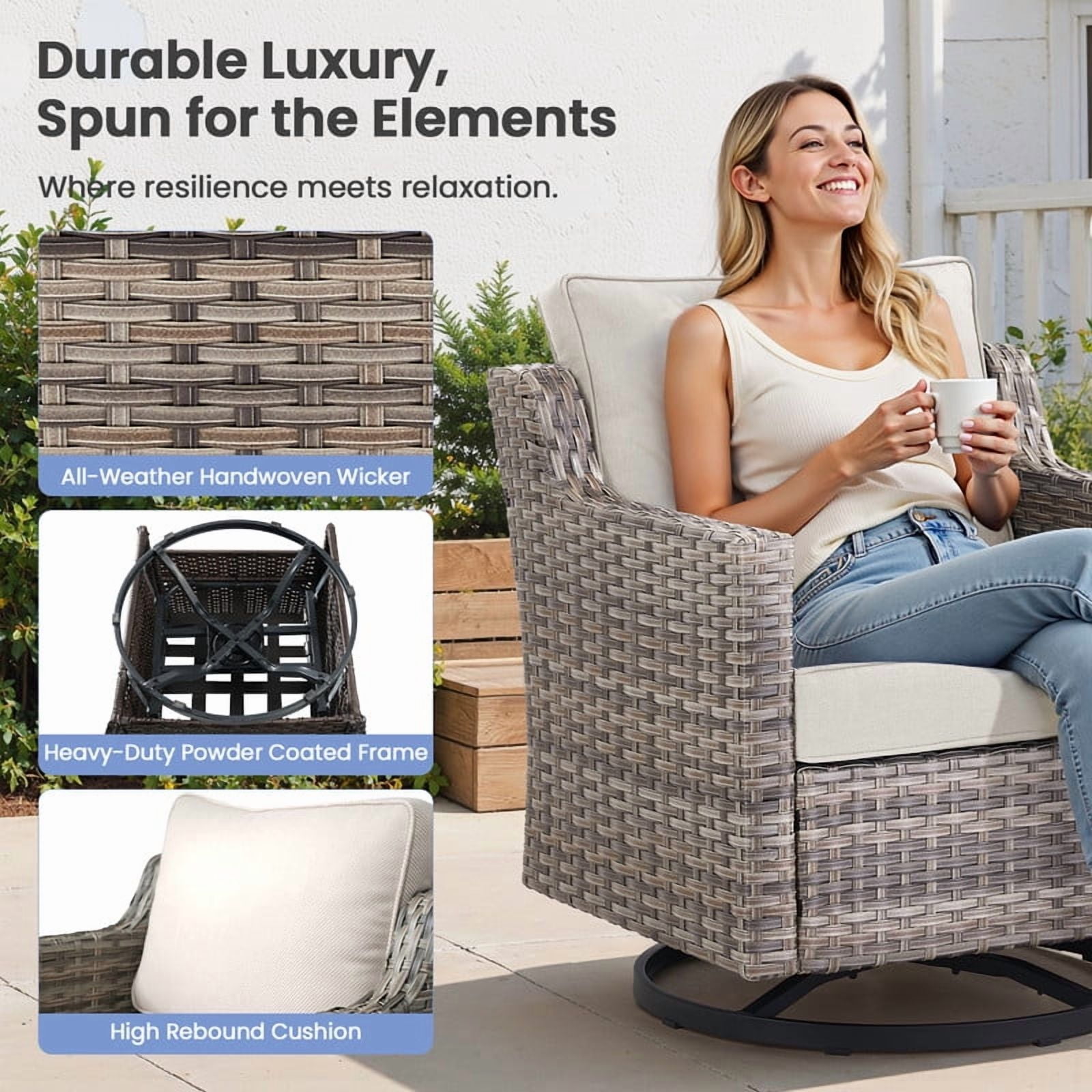 PARKWELL 4 Piece Outdoor Patio Furniture Set with Fire Pit Table,All-Weather Conversation Set with Luxury 4-Inch Thick Cushions,Swivel Glider Chair,5-Seat Furniture Sets for Deck, Backyard,Gray/Beige