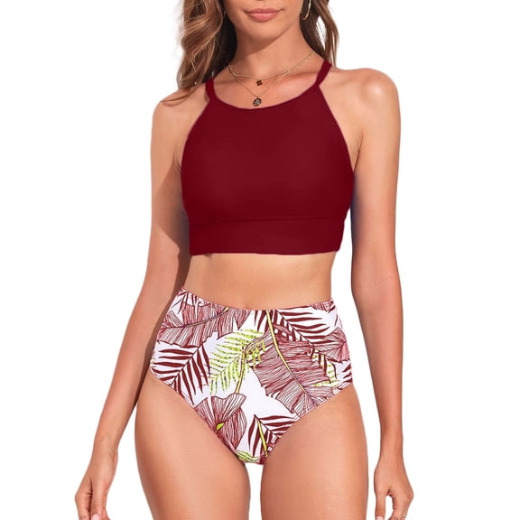 SHEWIN Women's Bikini Sets Two Pieces Swimsuits High Neck Bathing Suits Tropical Leaf Print High Waisted Tummy Control Swimwear Racerback Tops with Bottom