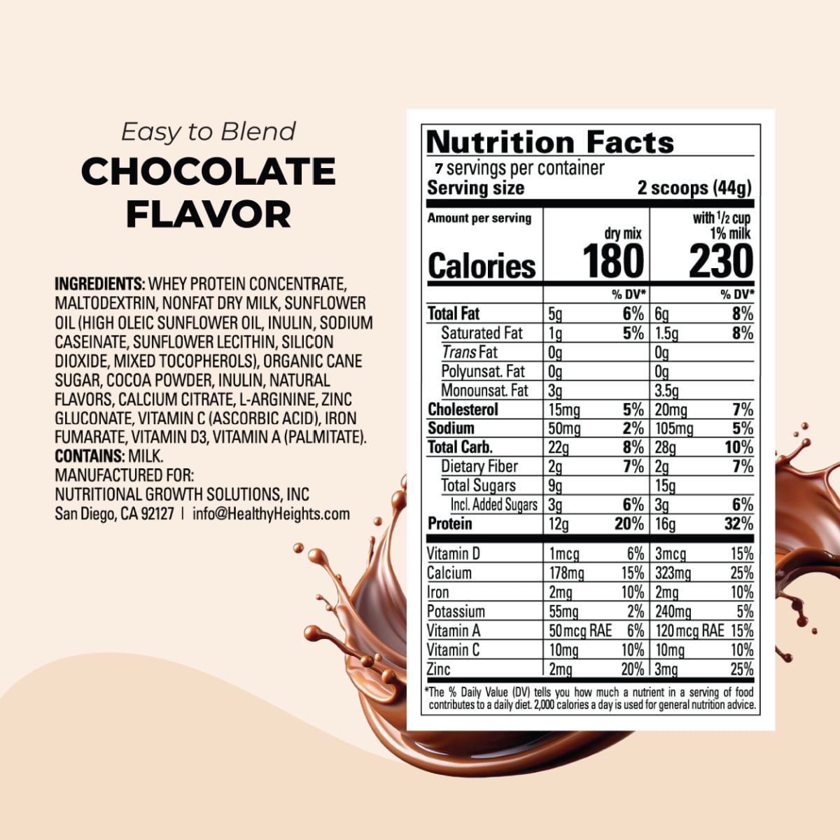 Healthy Heights Kids Protein Shake Mix, Hypoallergenic, Chocolate, 10.9oz Canister