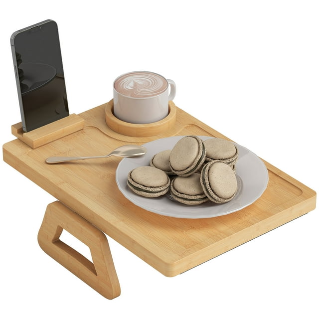 CoSoTower Couch Arm Tray, Clip-On Side Table with 360° Rotating Phone Holder and Removable Cup Holder, Natural