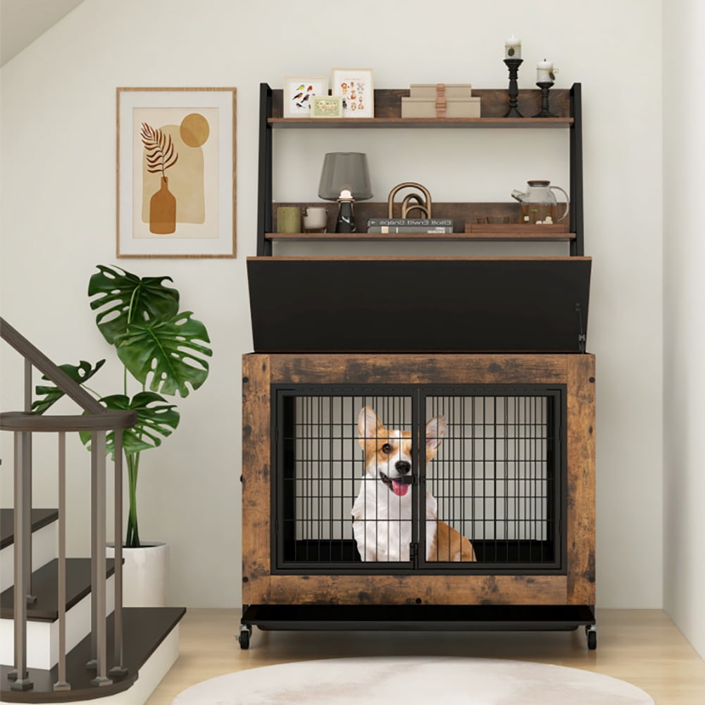 Spaco Industrial Dog Kennel Dog Crate Furniture with Storage Shelves, 2-in-1 Crate with Storage, Rustic Brown