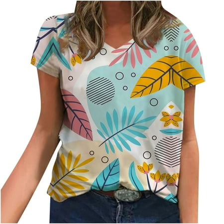 

Ladies Tops And Blouses Fashion Women s Summer V-Neck Short Sleeve Print Casual T-shirt Blouse Maternity Blouses Blue M