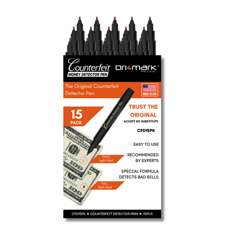 Dri Mark CFD15PK Counterfeit Bill Detector Pen Made in The USA, 3 Times More Ink, Pocket Size - Money Loss Prevention & Fraud Protection - for Use w/U.S. Currency (Pack of 15)