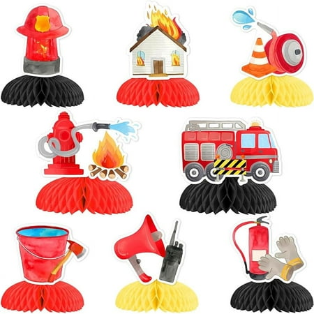 8 Pieces Fire Truck Honeycomb Centerpieces - Firefighter Firetruck Party Table Decorations, Fireman Theme Birthday Party Baby Shower Supplies