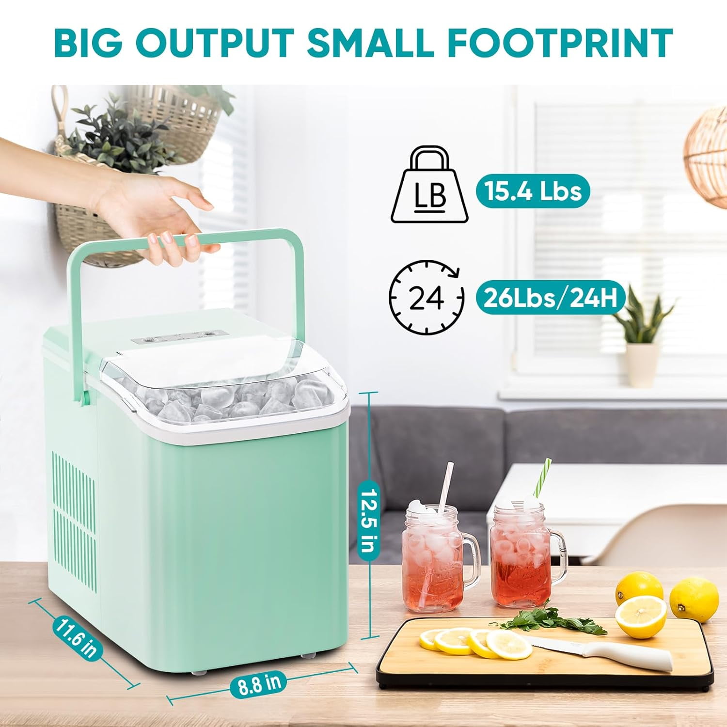 Ice Maker, 9Pcs/6Min, Self-Cleaning Portable Ice Maker Machine, 40 db quieter processing, 26Lbs/24H with Ice Scoop and Handle, 2 Sizes Bullet Cubes Makers,Green