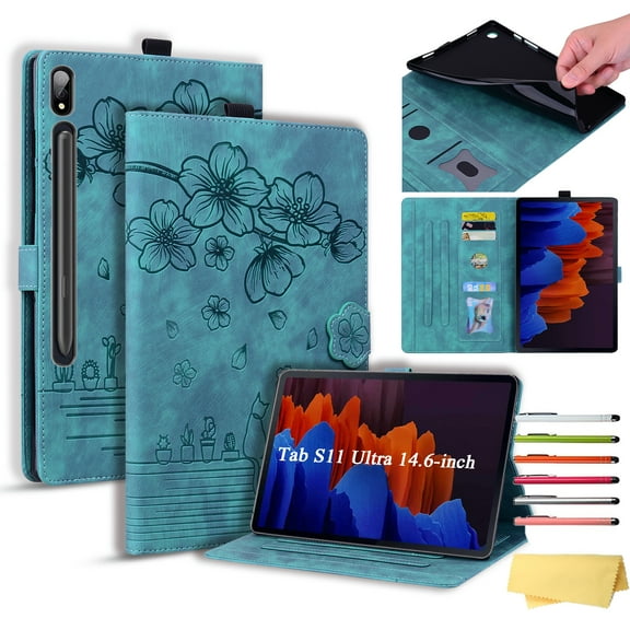 Decase Flip PU Leather Wallet Case for Samsung Galaxy Tab S11 Ultra 14.6-inch,Shockproof Embossed Flower Folio Cover for Tab S11 Ultra with Stand/Pen Holder,Green