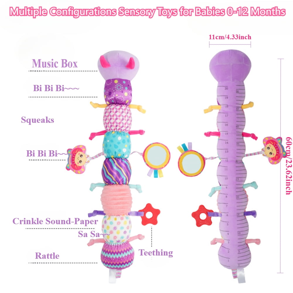 Baby Girls Toys 0-6 Months,6-in-1 Infant Musical Caterpillar Toys Stuffed Animals with Ruler Design,Mirror,Pull String&Ring Bell,Baby Girl Gift, Baby Girl Toys 6 to 12 Months