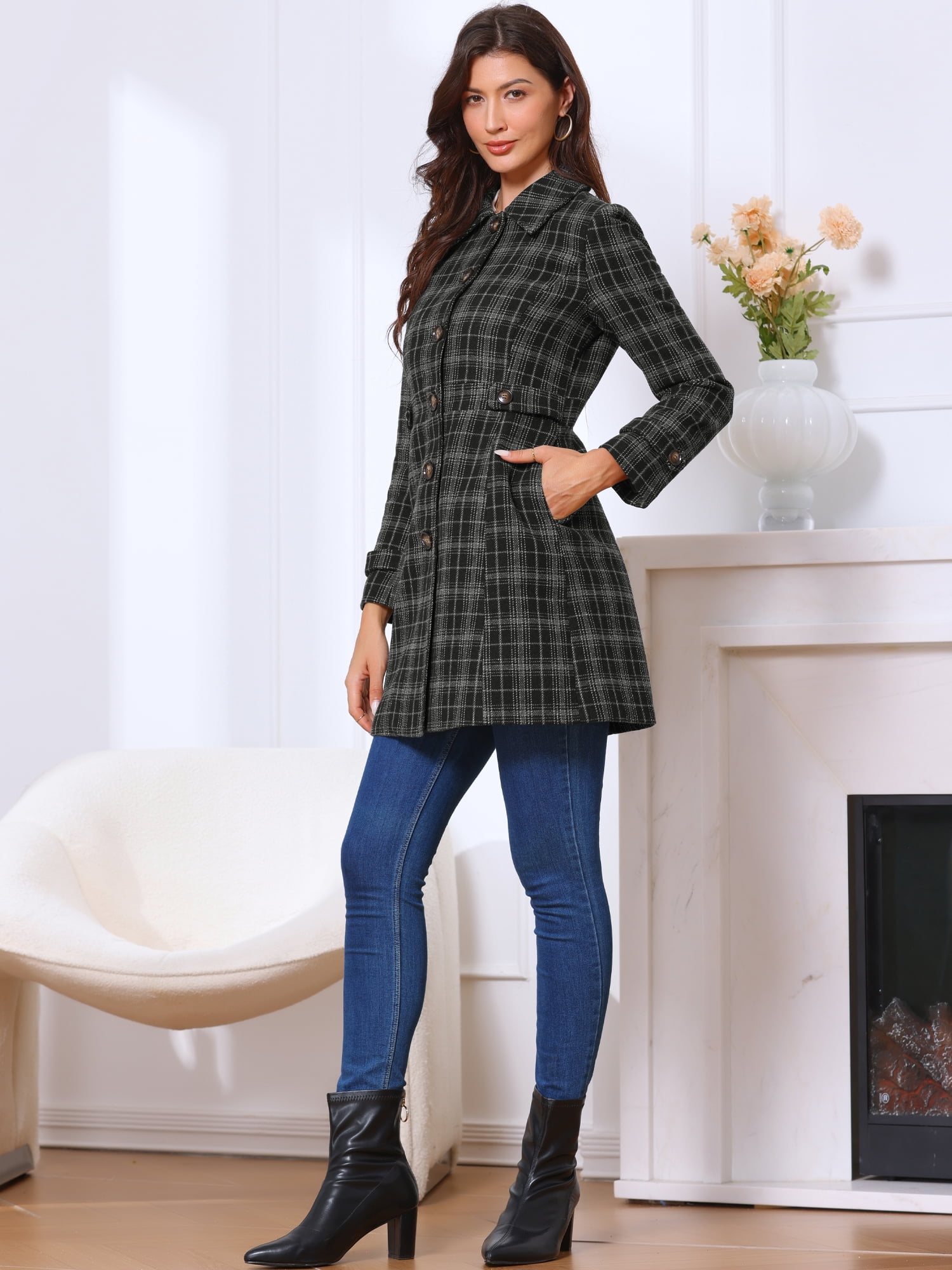 DARING DIVA Women's Single Breasted Vintage Winter Overcoat Plaid Pea Coat XS Black