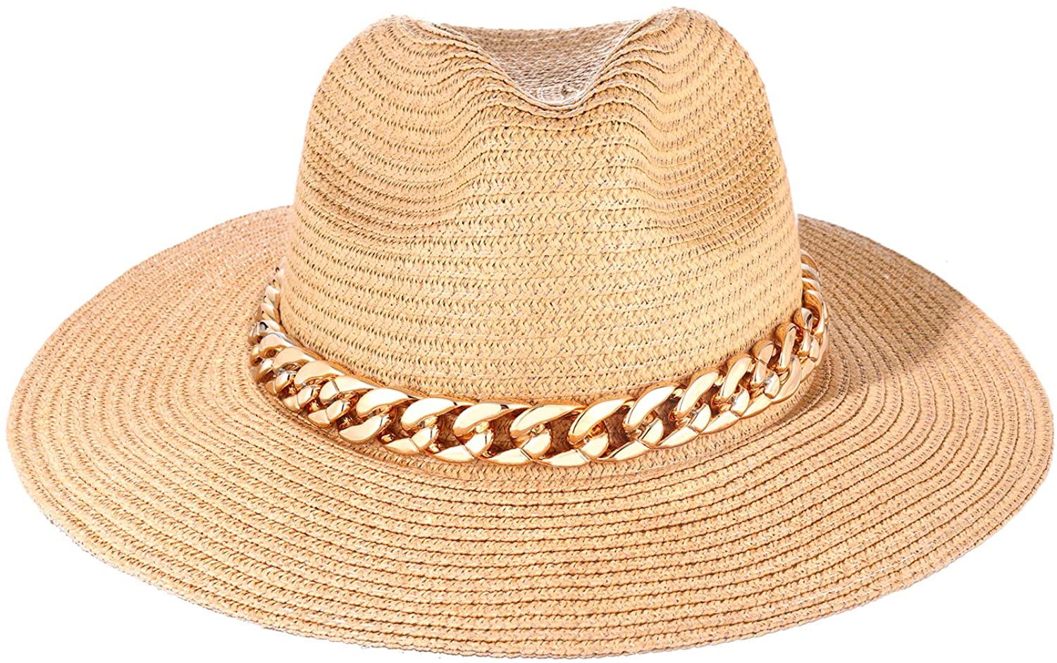 Wide Brim Straw Fedora Hat Chain Band 