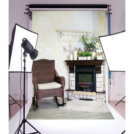 Robert Wicker Photography GreenDecor Polyster 5x7ft Photography Backdrop Wicker Rocking Chair and Fireplace with Candles and Flowers Interior Scene Photo Background Children Baby Adults Portraits Backdrop ()
