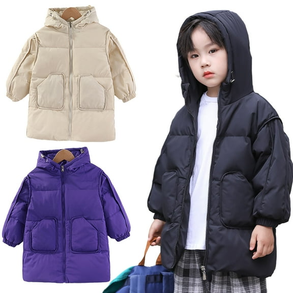 CSChome Middle Large Kids Hooded Puffer Down Jacket for Boys Girls Winter Mid-Length Warm Puffer Down Coats 3-12 Years Toddler Zipper with Pockets Outwear
