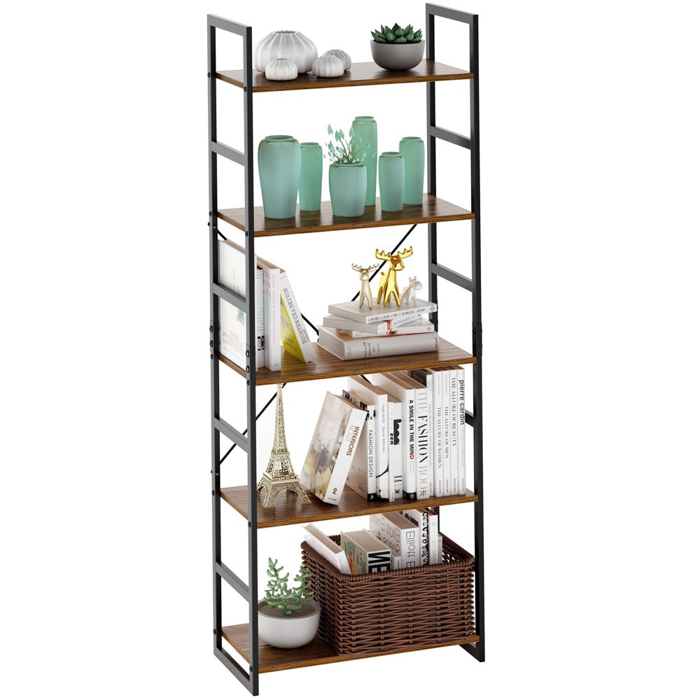 5 Tier Bookcase with Resistant Black Iron Frame and Sturdy Multifunctional Antique Wood Design