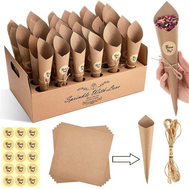 KAKOWELY 30 conos de confeti para fiestas, cajas de confeti para bodas, porta caramelos con flores, con papeles y pegatinas para bodas, compromisos y fiestas de cumpleaños.