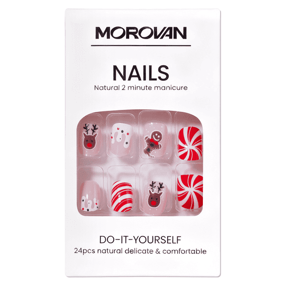 Morovan Christmas Press on Nails Snowflake Fake Nails Short Square Red Solid Color Glue on Nails for Women DIY