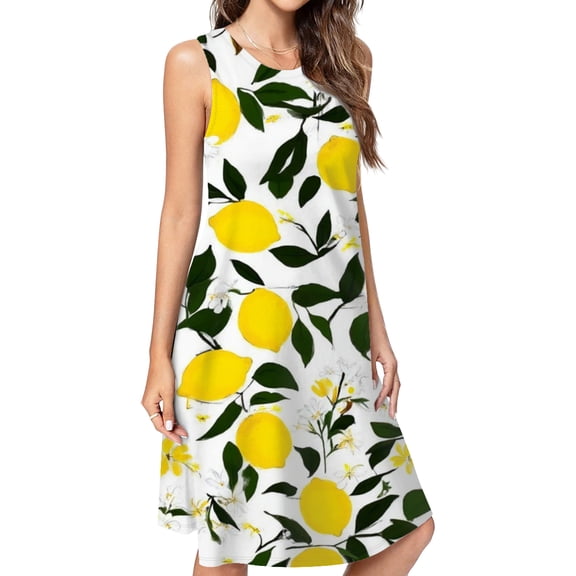 Lemons Leaves Flowers White Background Dress Loose Women'S Dress Beach Dresses With Pockets Dresses For Womens