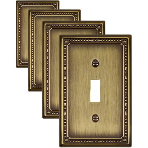 4-Pack Antique Brass Light Switch Cover Plates, 1 Gang Metal Switch Plate Covers, Decorative Pearl Design, 3.15''*4.88'', Midsize