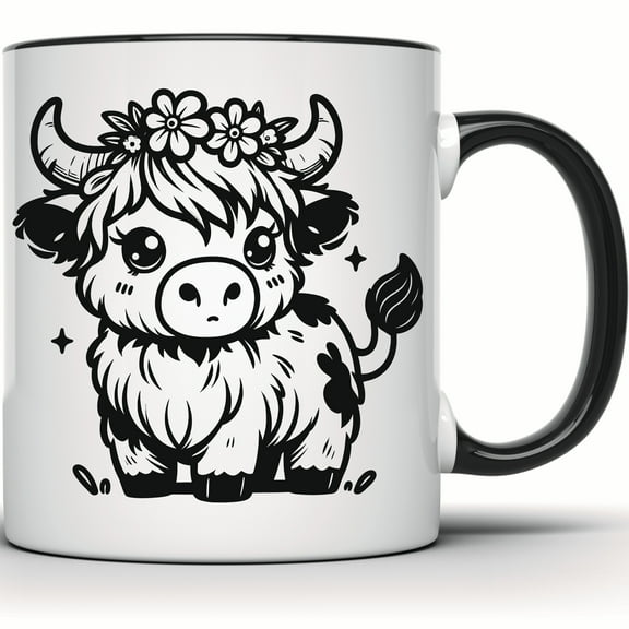 Highland Cow Mug - Cute Cow with Flowers - Scottish Animal Mug - Farm Animal Coffee Mug - Tea Mug - Kawaii Mug - Gift for Cow Lover - 11 Ounce Black Rim Handle Novelty Coffee Cup - WMUG1015-BLK