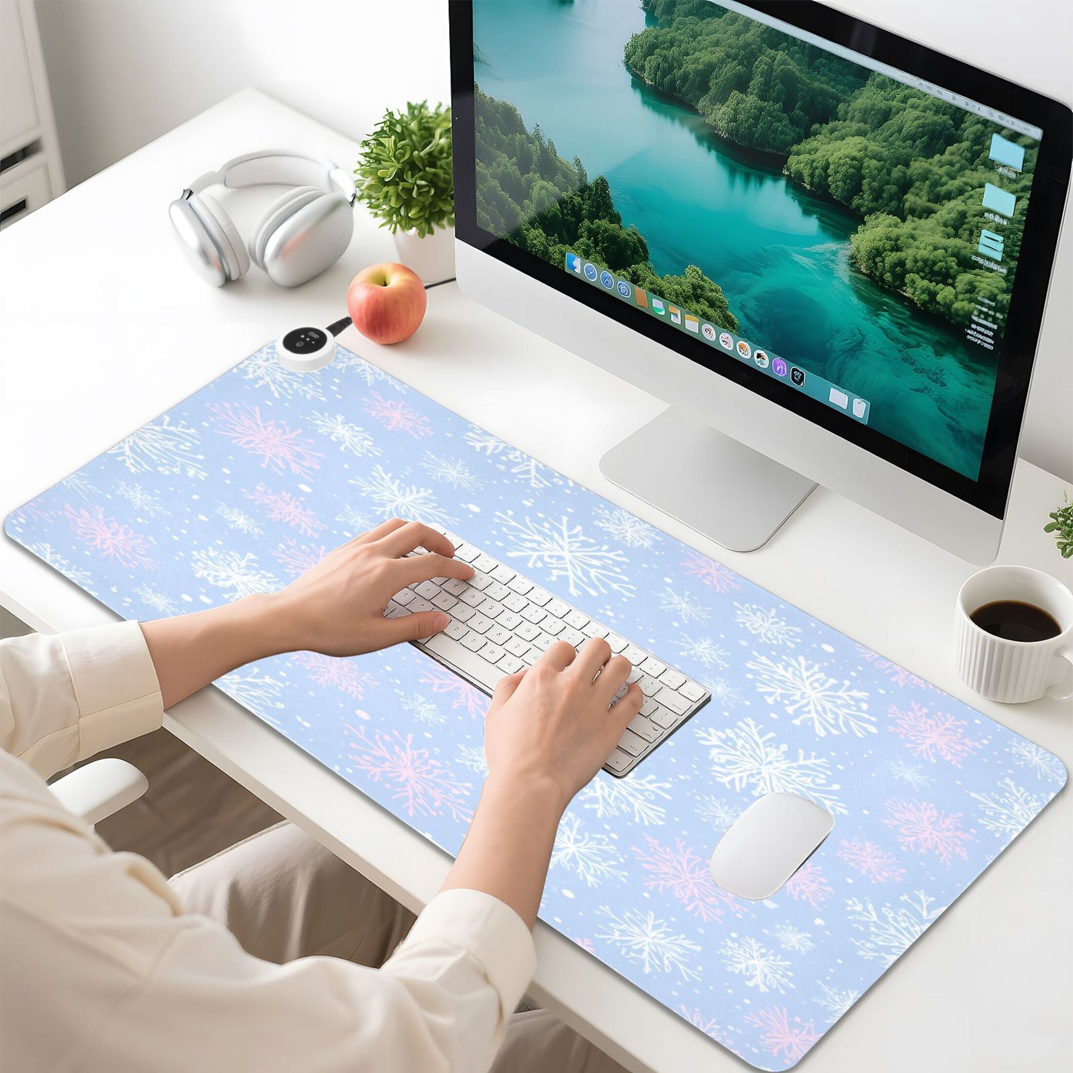 Large Heated Desk Mat Mouse Pad 31.5"x13"PU Leather Graphene Heating Desk Warmer with 3 Temperature Settings 110V US Plug Non-Slip Warm Pad for Home, Office, and Gaming Pale Blue Snowflakes Pattern
