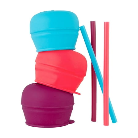 Boon Snug Silicone Sippy Cup Lids & Straws Make Any Cup A Sippy Cup, Pink, Purple & Blue, 3 Pk