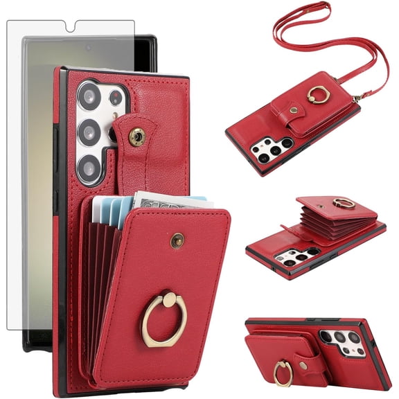 MYKOMI Phone Case for Samsung Galaxy S24 Ultra 5G Wallet Cell Cover with HD Screen Protector and Crossbody Strap Ring Stand RFID Credit Card Holder Kickstand S24Ultra 24S S 24 24Ultra Women Girls