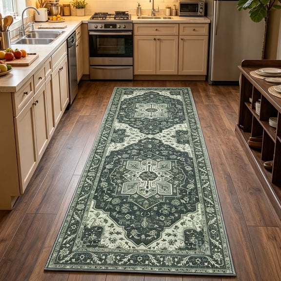WANLISELL 2ft x 6ft Hallway Runner Rug, Non-Slip Machine Washable Vintage Floral Area Rugs, Soft Indoor Carpet for Bedroom, Dark Green