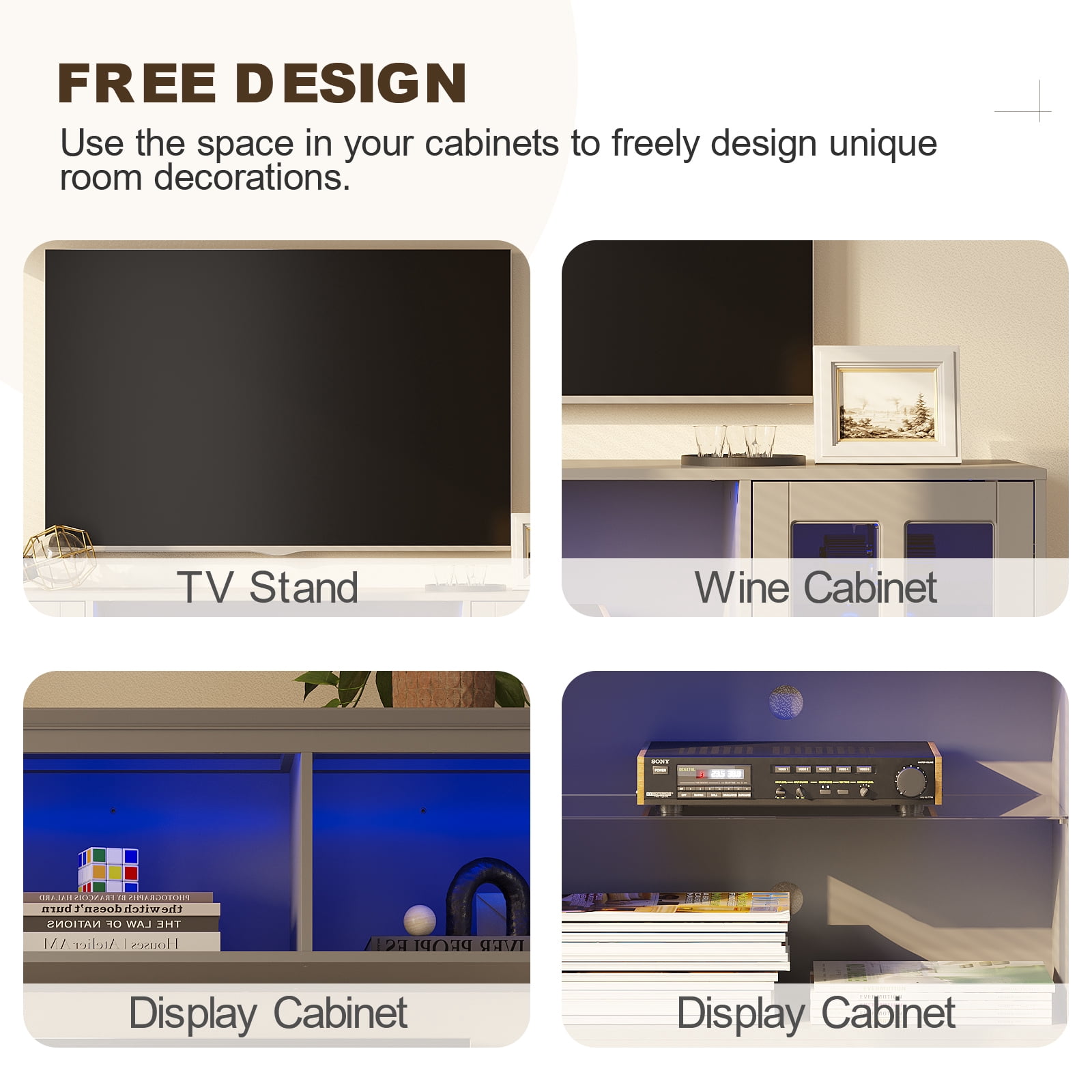 MEISSALIVVE 4-Piece Wall Unit TV Stand with Storage & LED Lights for TVs up to 75", Modern Entertainment Center with Bookshelves & 4-Door Pantry Cabinet, Gray