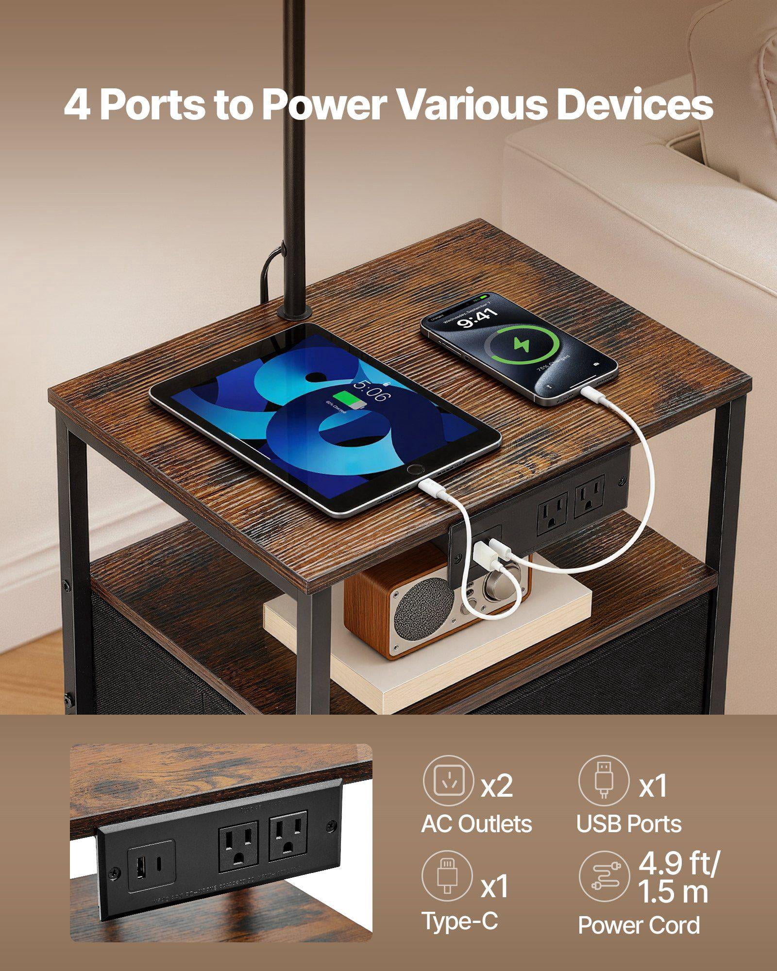 Modern 2 Tier End Table Floor Lamp with 2 Drawers 3 Color Temperature LED Bulb USB Type C AC Charging Port for Living Room Bedroom Dorm