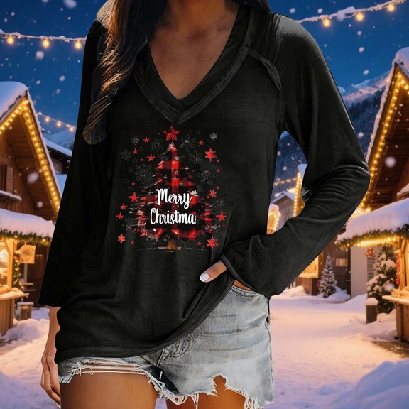 EchfiProm Womens Cute Tops Christmas Holiday Black Merry Christmas V Neck Xmas Tee Shirts for Female Long Sleeve