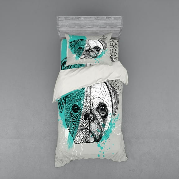 Ambesonne Pug Bedding Set 3 Pcs, Hand Drawn Head of a Dog, Twin XL, Blue Black White
