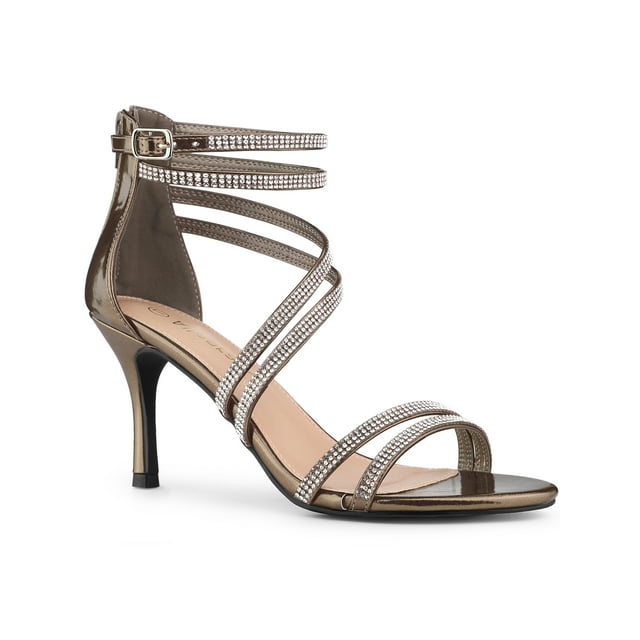 BLISSFUL STEP Women's Shoes Stiletto Heel Open Toe Ankle Strap Rhinestone Buckle Sandals Gunmetal 8