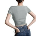 thumbnail image 4 of Shirts for Women Plus Size Short-sleeved Pleated V-neck Solid-color Casual T-shirt Gray L, 4 of 5