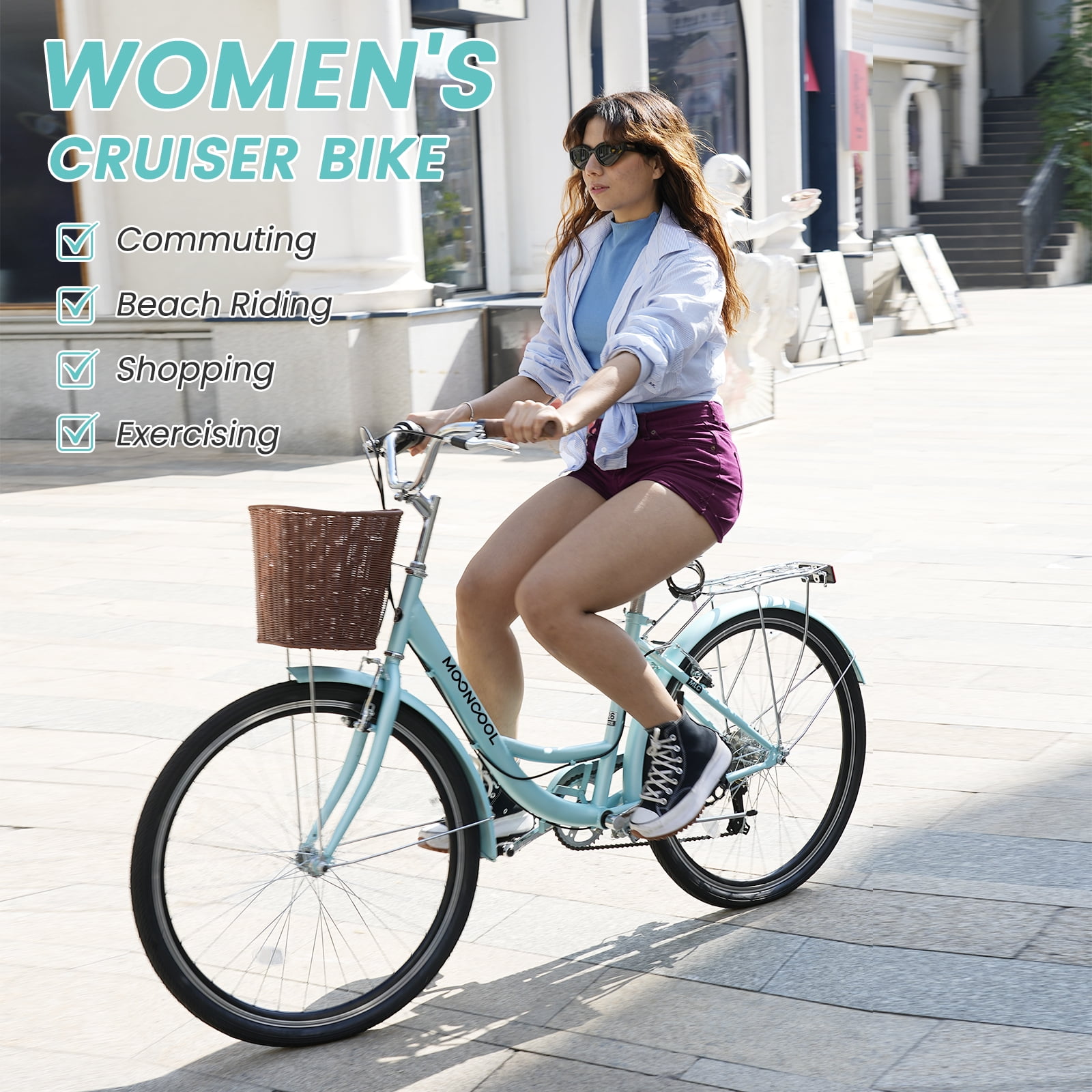 MOONCOOL 24/26 Inch Cruiser Bike for Women, 7 Speed Step-Through Bicycle with Basket, Rear Rack & Lock, Retro City Bike for Adults