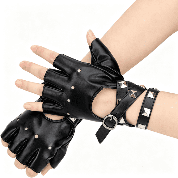 XIBUFE Fingerless Gloves for Women Small Size Fingerless Faux Leather Gloves Black Biker Punk Gloves Halloween Pu Leather Half Finger Glove for Women Teens Kids