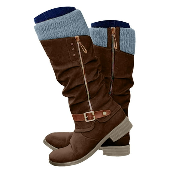 Leozcaa Women's Knee High Boots Round Toe Low Heel Riding Combat Tall Boots with Side Zipper Fall Winter Shoes