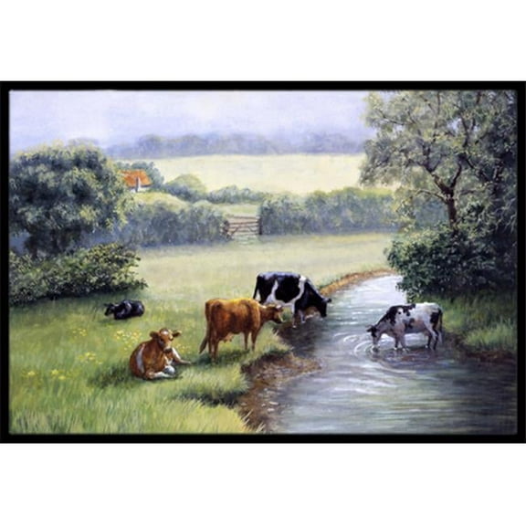 Cows Drinking at the Creek Bank Indoor or Outdoor Mat, 18 x 27