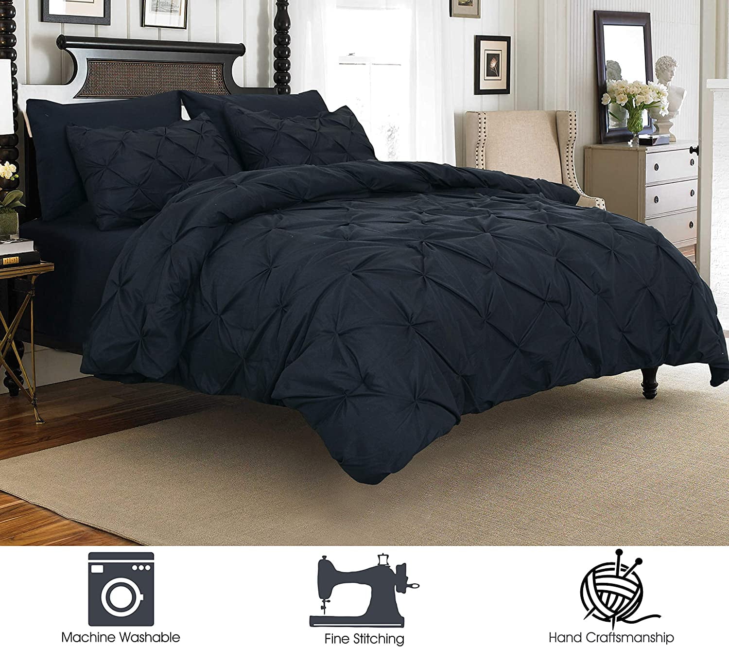 3-Piece Duvet Cover with Matching Sham, Pinch Pleat Design, All Season Suitable Comforter Cover, Full/Queen, Black