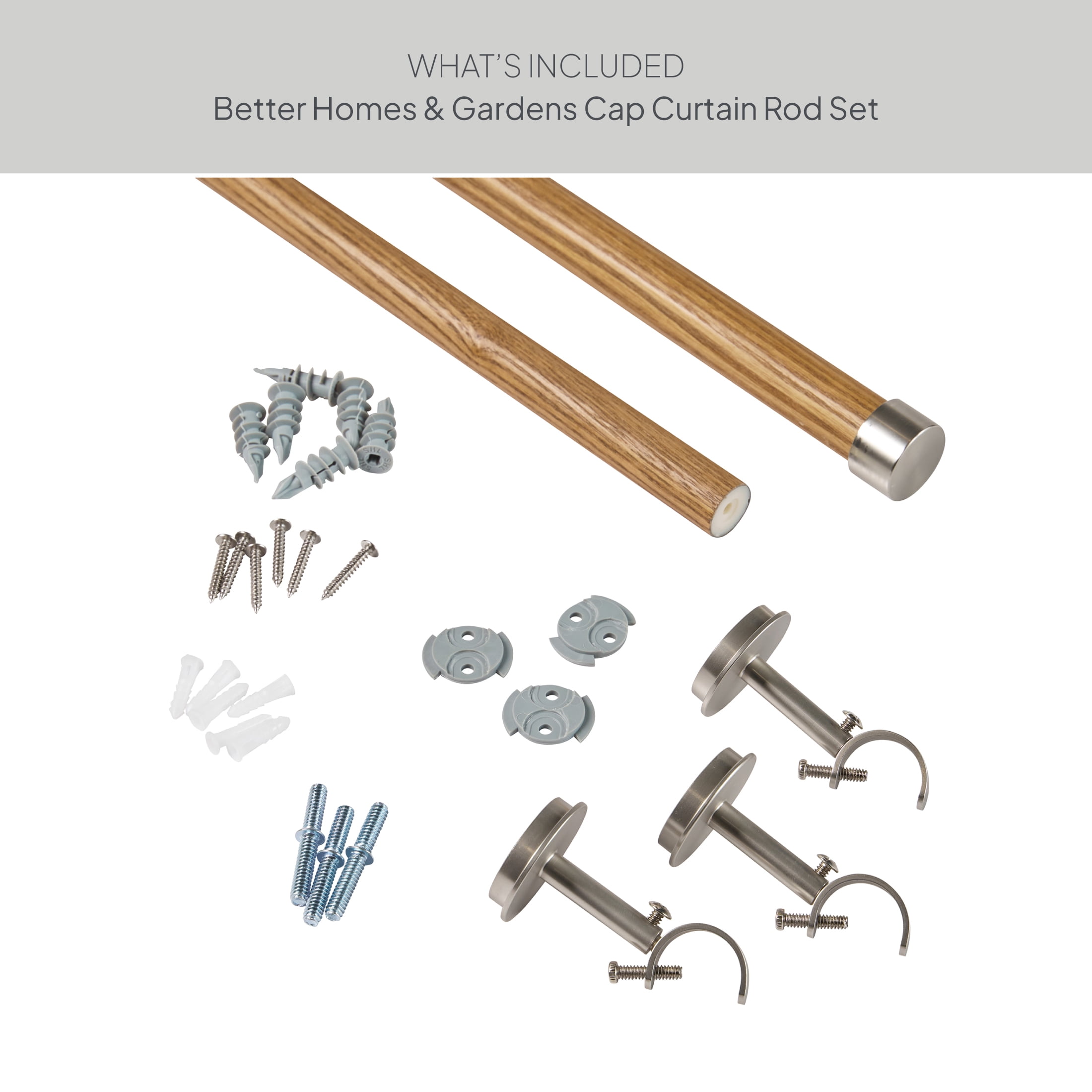 Better Homes & Gardens 1 in Light Honey Wood and Satin Nickel Endcap Adjustable Single Curtain Rod Set, 32 in-120 in