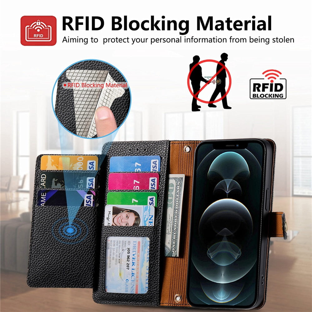 For iPhone 12 Pro Leather Phone Case Wallet Zipper Pocket Pouch Folio Flip Cover Kickstand, Multi Anti-theft Card Holder Cash Slot, Double Magnetic Buckle, Wrist Lanyard,Black,For iPhone 12 Pro