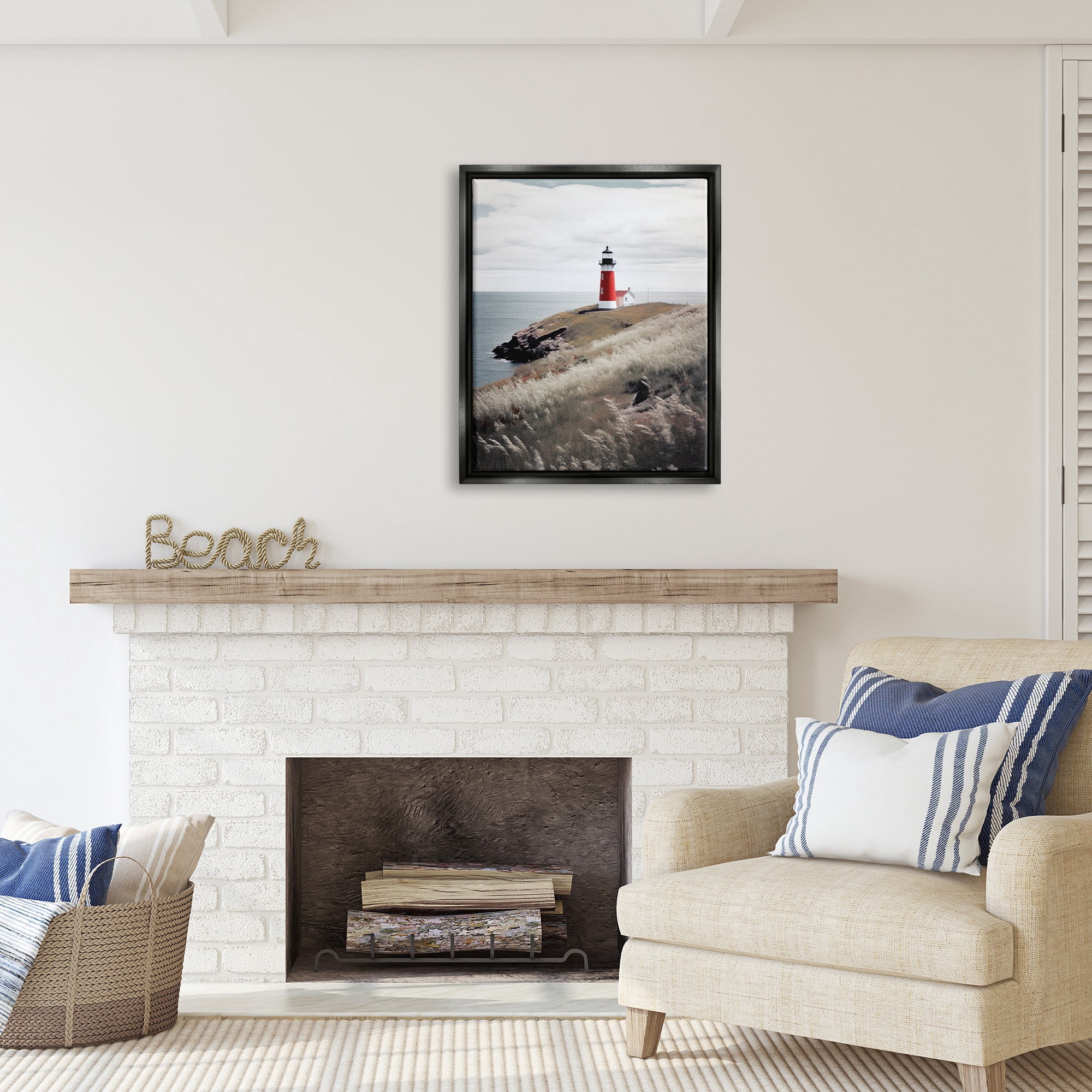 Stupell Industries Red Lighthouse Landscape Landscape Photography Black Floater Framed Canvas Art Print Wall Art, 25 x 31