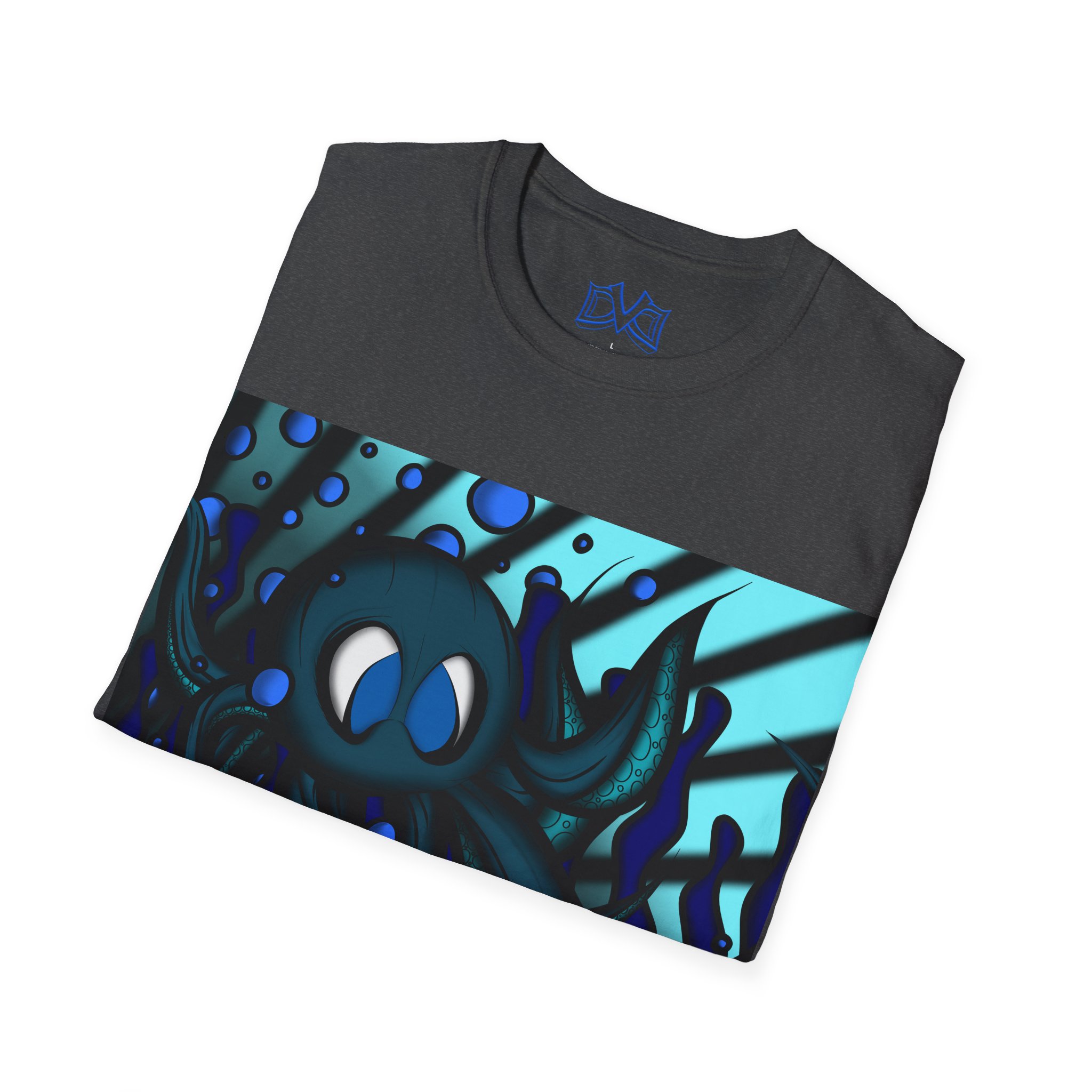 Octopus 9 tentacles, hand drawn art, skate & surf wear on a Unisex T Shirt.