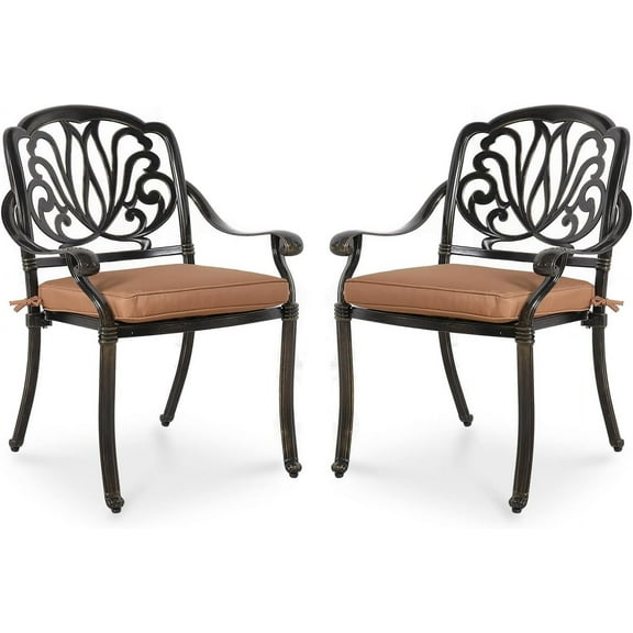 MEETWARM 2 Piece Patio Dining Chairs with Cushions, Outdoor All-Weather Cast Aluminum Chairs, Patio Bistro Dining Chair Set of 2 for Garden Deck Backyard, Dark Bronze