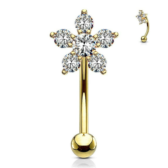 MoBody 16G Double Tiered 6 CZ Flower Top Curved Eyebrow Barbell Surgical Steel Body Piercing Eyebrow Ring (Gold-Tone/Clear)