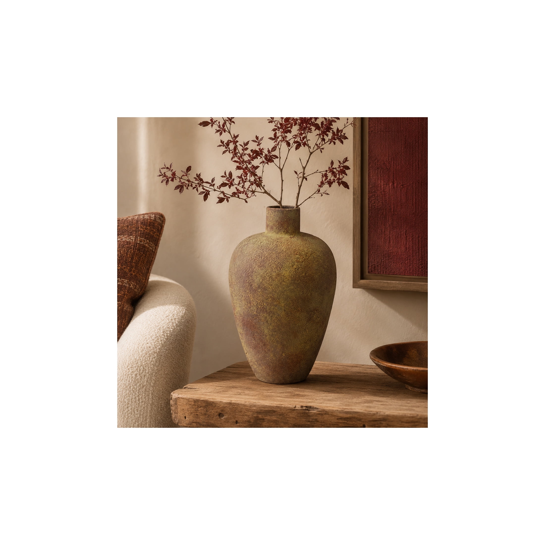 DecMode 13" Wide Textured Red Ceramic Vase with Yellow Shadings