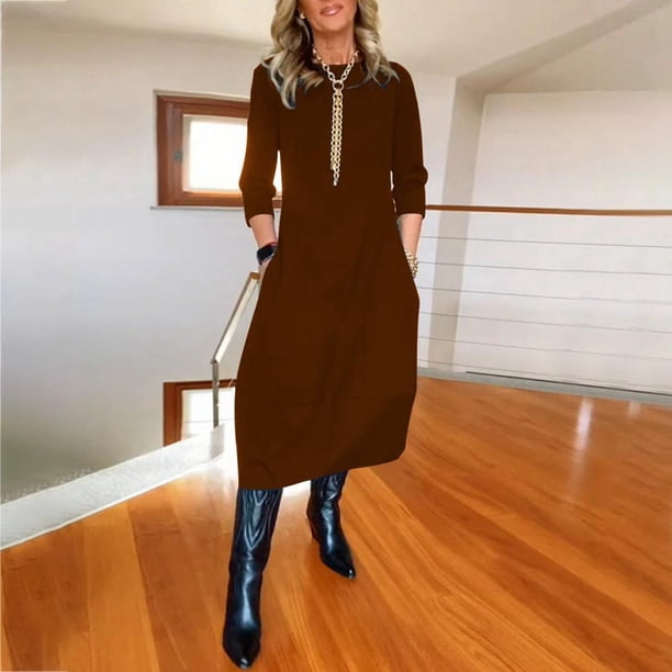 WILLBEST Vestido Casual Para Mujer, Versátil, De Color Sólido, Suelto, Con Cuello Redondo Y Manga Larga