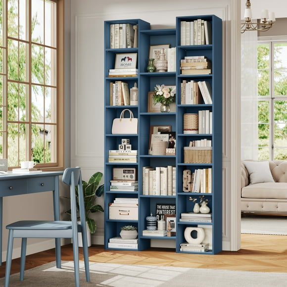 Homfa 21-Cube Bookcase, 71'' Tall Wooden Bookshelves with Adjustable Shelves, Triple Wide CD Display Storage Organizer Shelf for Home Office, Blue