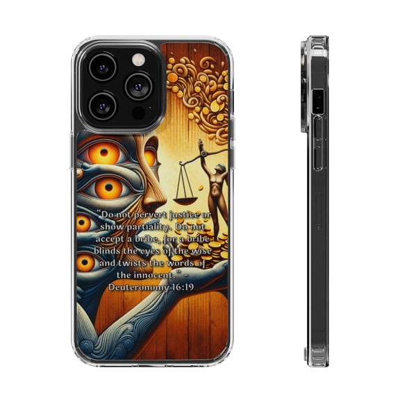 DistinctInk Hybrid (Acrylic / TPU) Clear Slim Fit Case for Apple iPhone 15 Pro (6.1" Screen) - "Do Not Pervert Justice: Deuteronomy 16:19"